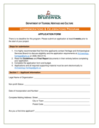 Document preview: Application Form - Commemorations & Celebrations Program - New Brunswick, Canada