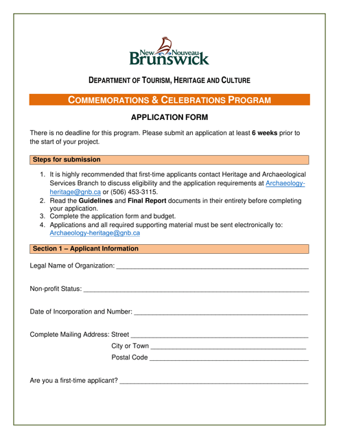 Application Form - Commemorations & Celebrations Program - New Brunswick, Canada Download Pdf