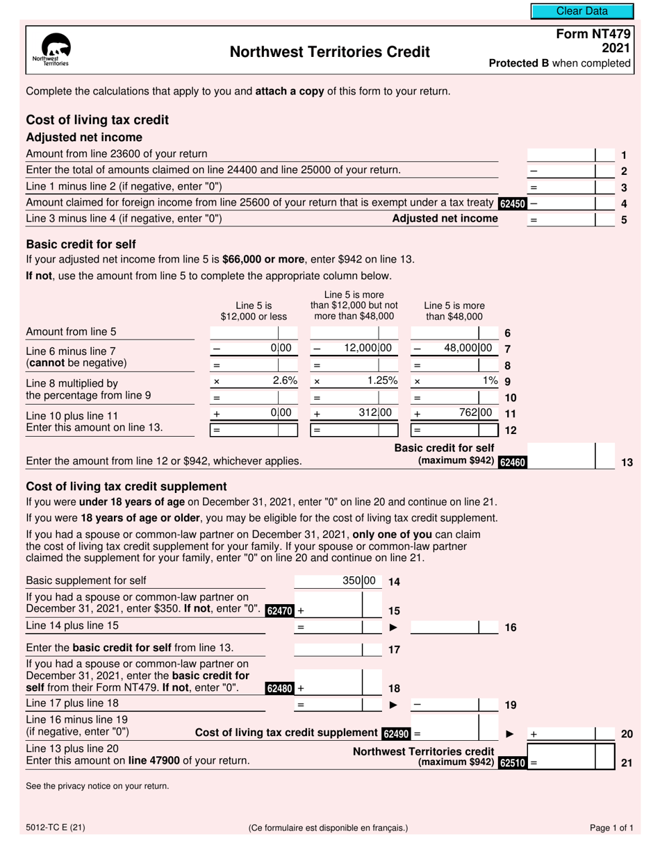 Form 5012-TC (NT479) Northwest Territories Credit - Canada, Page 1