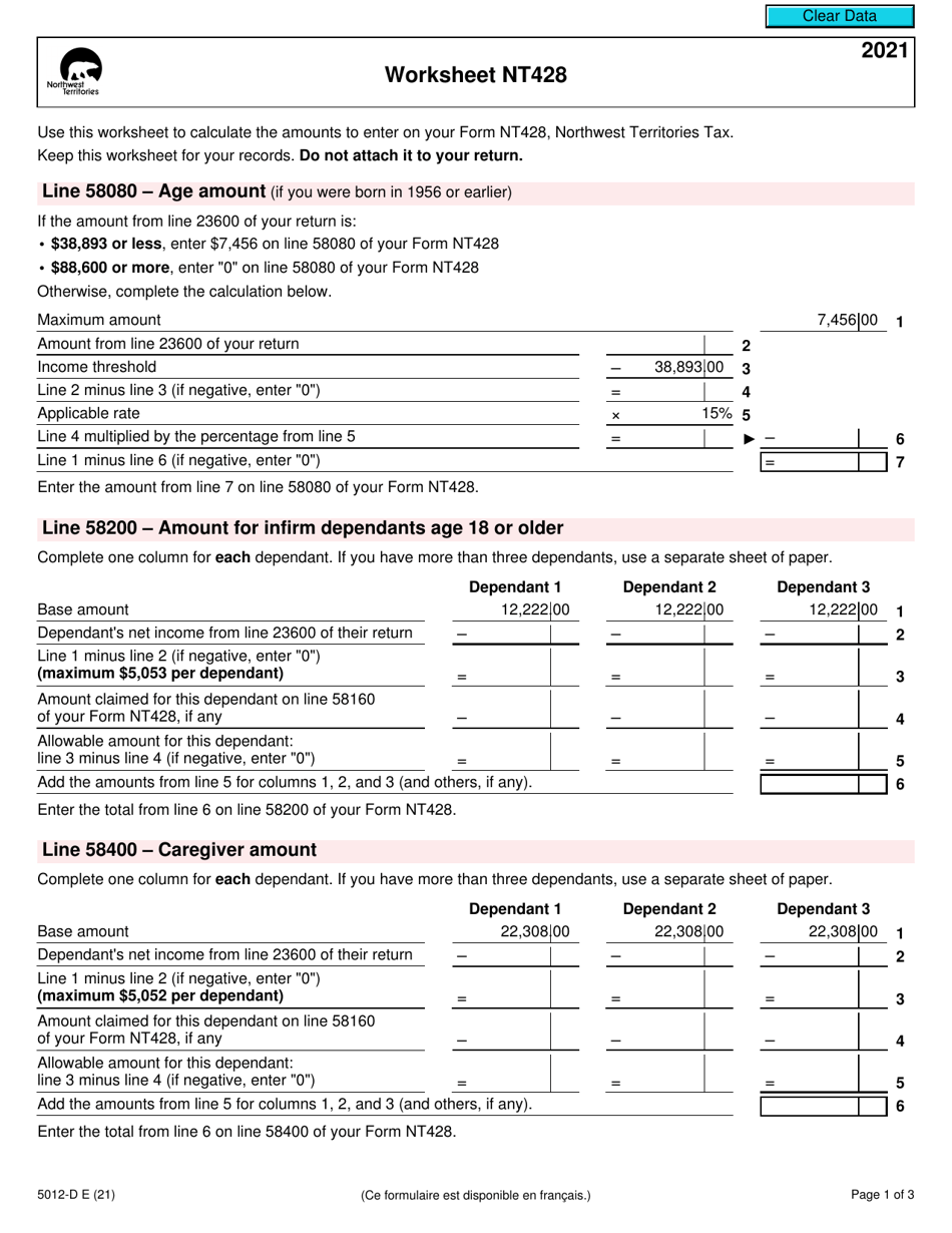 Form 5012-D Worksheet NT428 Northwest Territories - Canada, Page 1