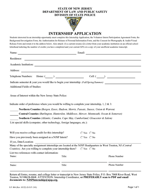 Form S.P.806 Internship Application - New Jersey