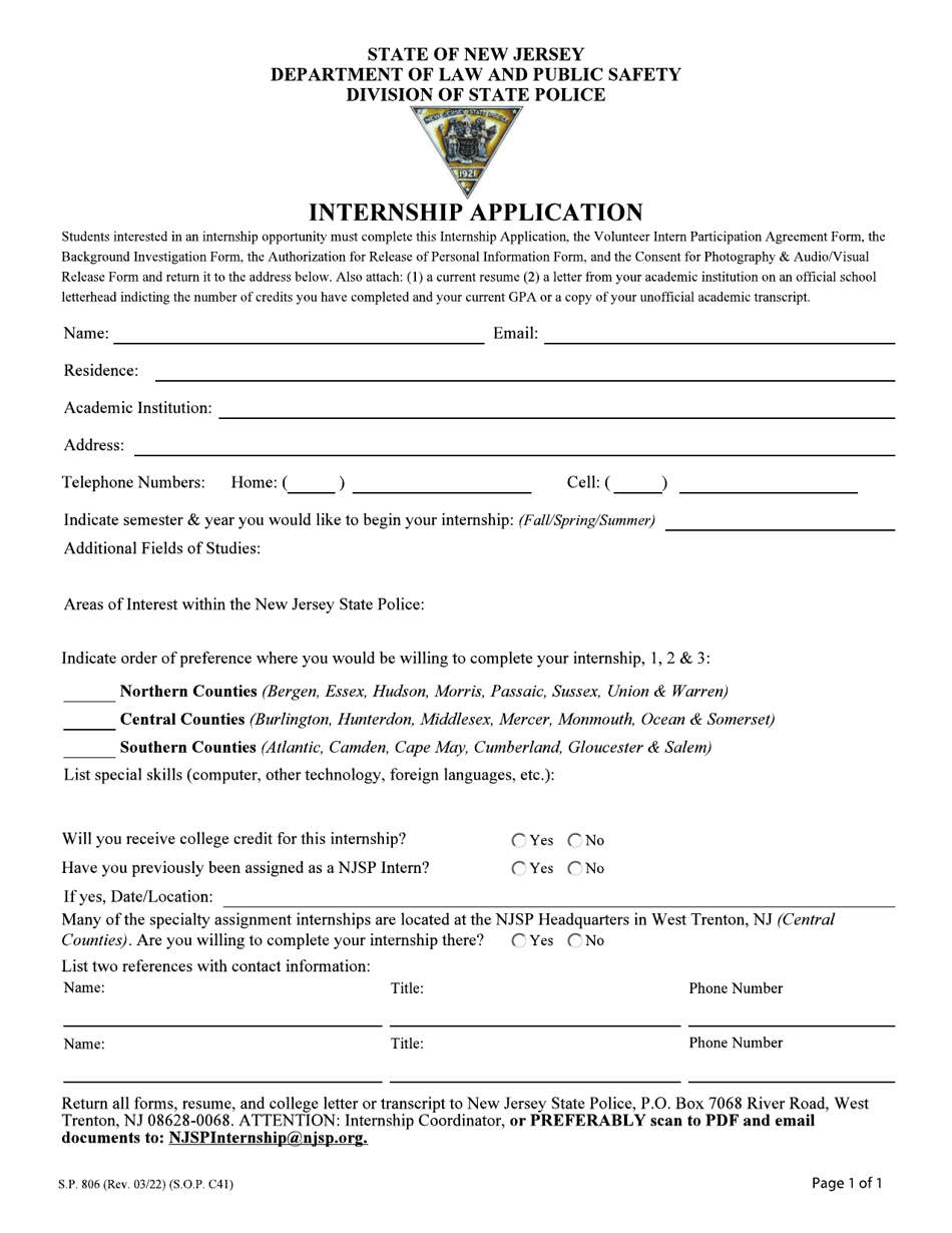 Form S.P.806 Internship Application - New Jersey, Page 1