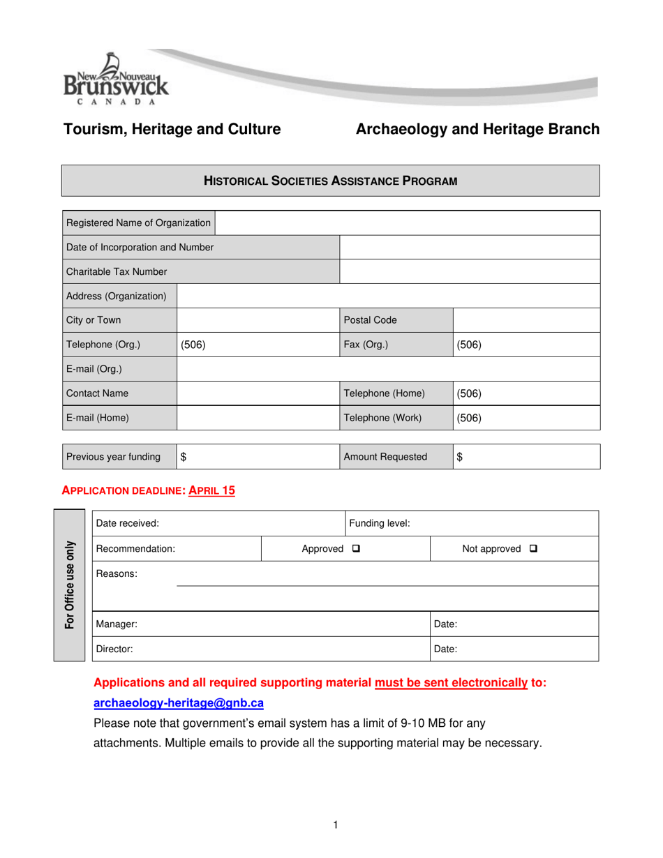 Application Form - Historical Societies Assistance Program - New Brunswick, Canada, Page 1