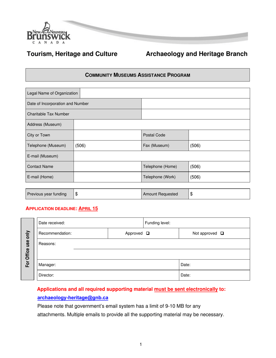 Application Form - Community Museums Assistance Program - New Brunswick, Canada, Page 1
