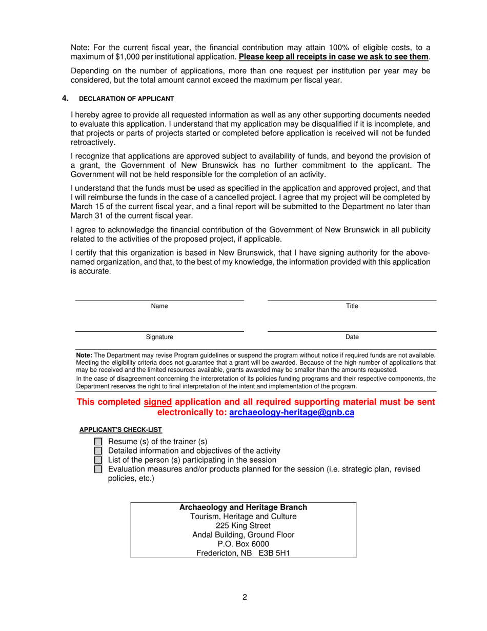 Professional and Organizational Development Grant Application Form - Archaeology and Heritage Branch - New Brunswick, Canada, Page 2