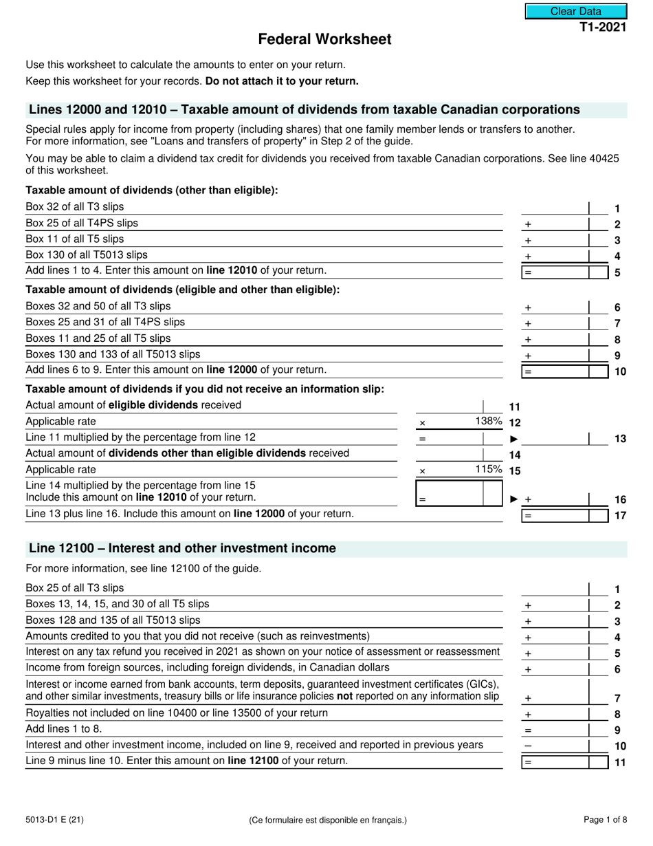 Form 5013-D1 Federal Worksheet (For Non-residents and Deemed Residents of Canada) - Canada, Page 1