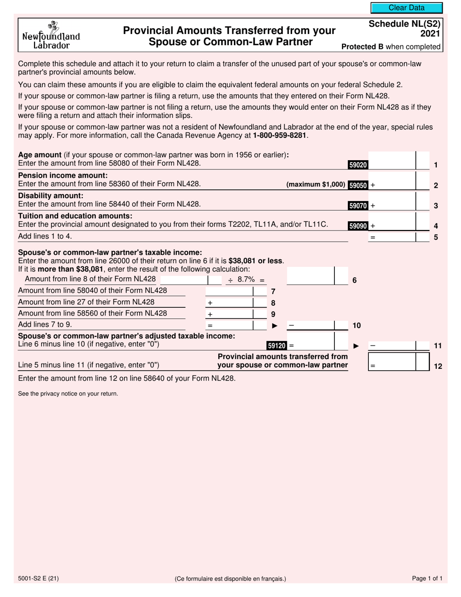 Form 5001-S2 Schedule NL(S2) Provincial Amounts Transferred From Your Spouse or Common-Law Partner - Newfoundland and Labrador - Canada, Page 1