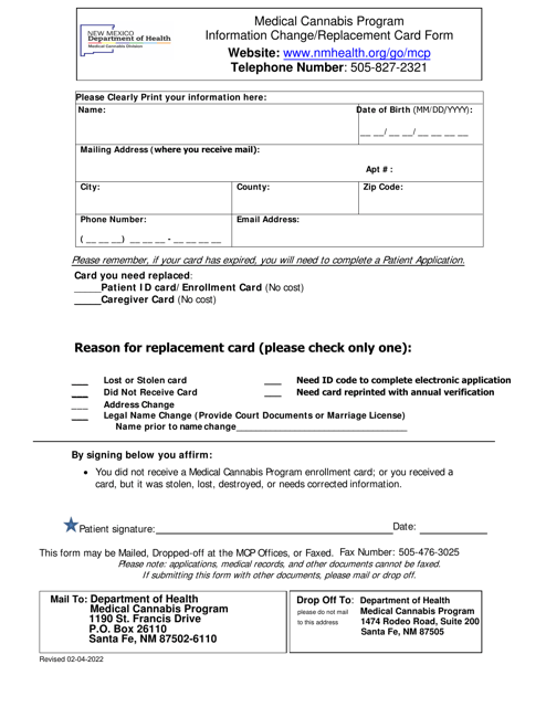 Information Change / Replacement Card Form - Medical Cannabis Program - New Mexico Download Pdf
