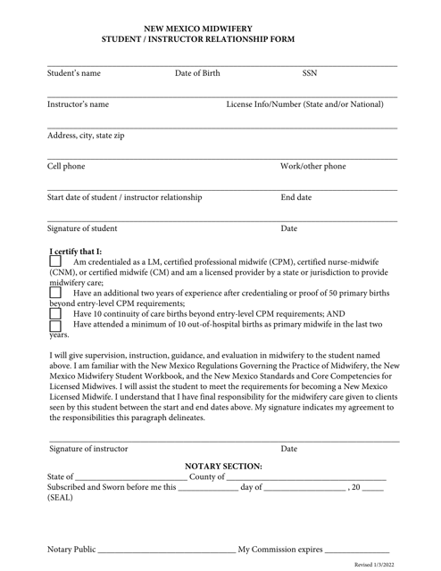 New Mexico Midwifery Student / Instructor Relationship Form - New Mexico Download Pdf