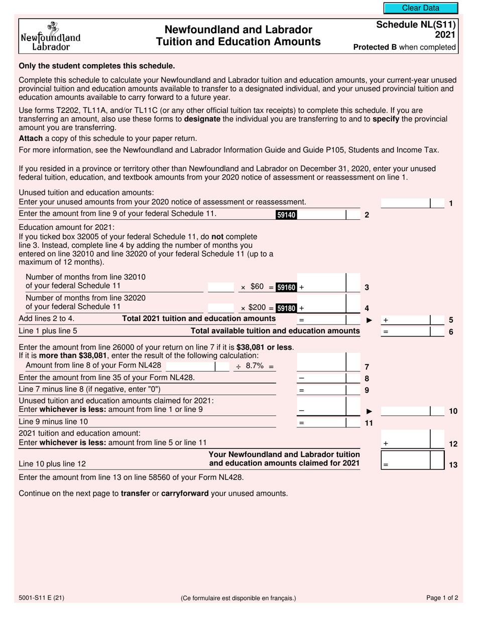 Form 5001-S11 Schedule NL(S11) Newfoundland and Labrador Tuition and Education Amounts - Canada, Page 1