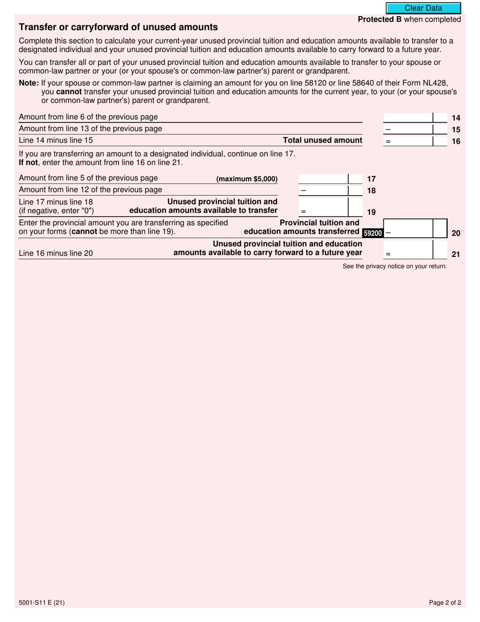 Form 5001-S11 Schedule NL(S11) Newfoundland and Labrador Tuition and Education Amounts - Canada, Page 2