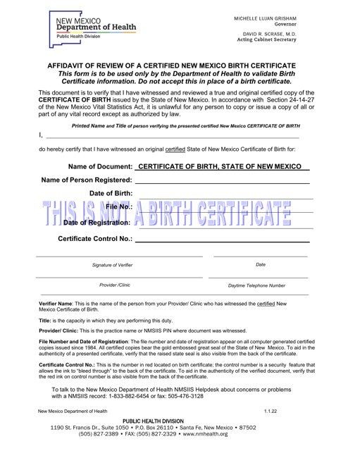Affidavit of Review of a Certified New Mexico Birth Certificate - New Mexico Download Pdf
