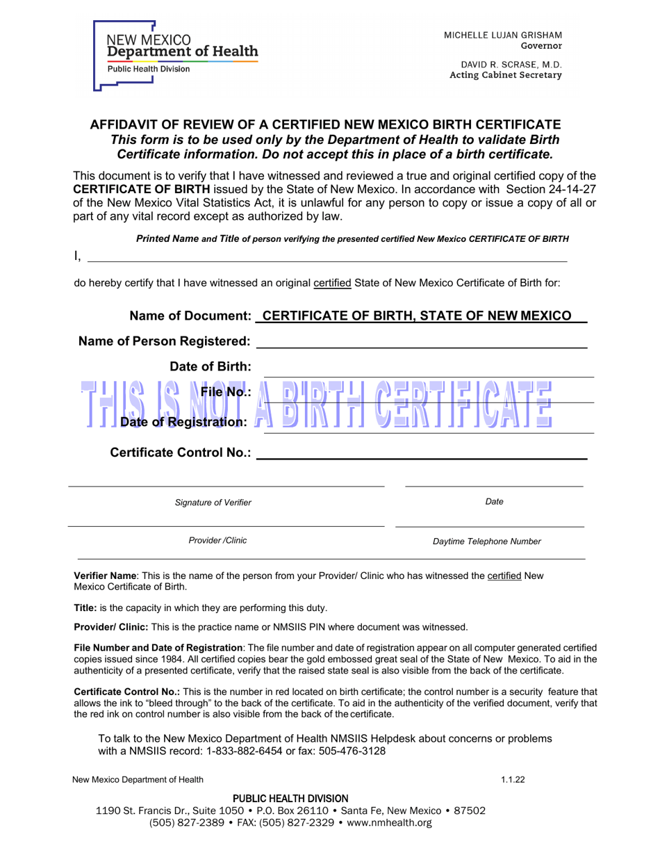 2019 2024 New Mexico Affidavit Of Review Of A Certified New Mexico   Affidavit Of Review Of A Certified New Mexico Birth Certificate New Mexico Print Big 