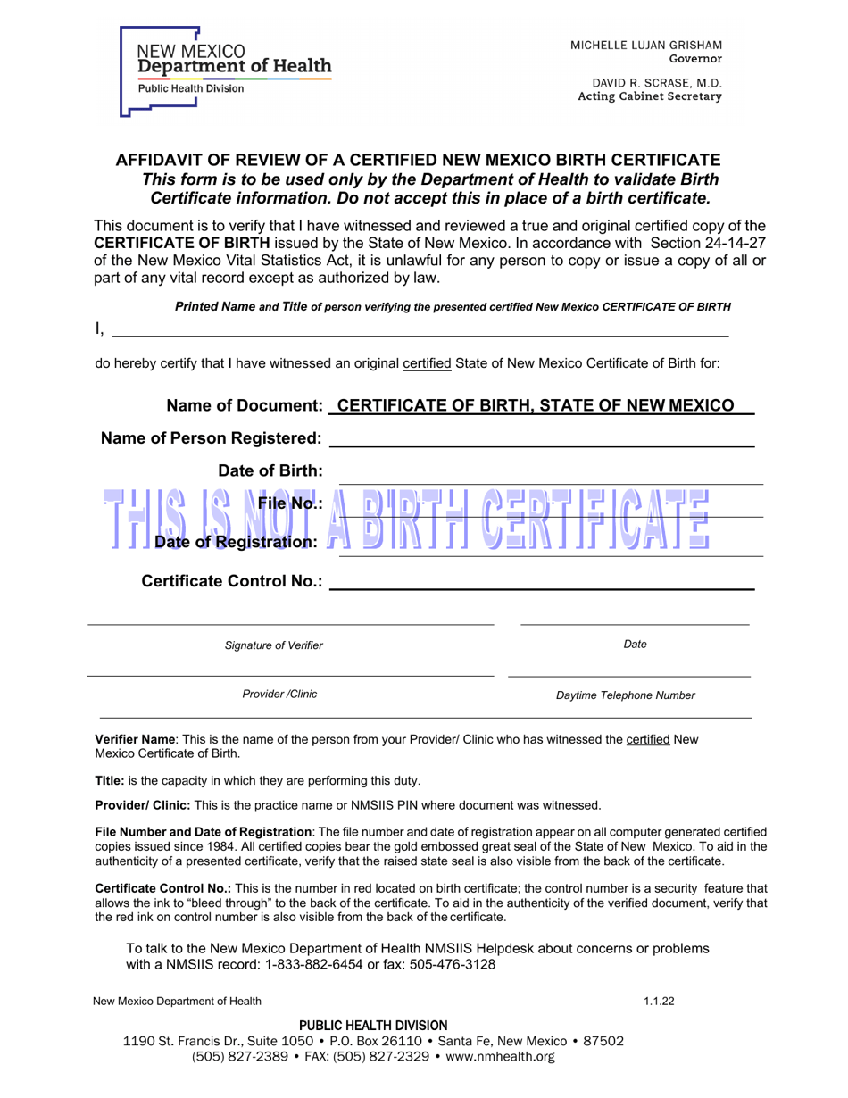 Affidavit of Review of a Certified New Mexico Birth Certificate - New Mexico, Page 1