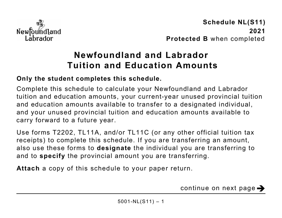 Form 5001-S11 Schedule NL(S11) Newfoundland and Labrador Tuition and Education Amounts (Large Prints) - Canada, Page 1