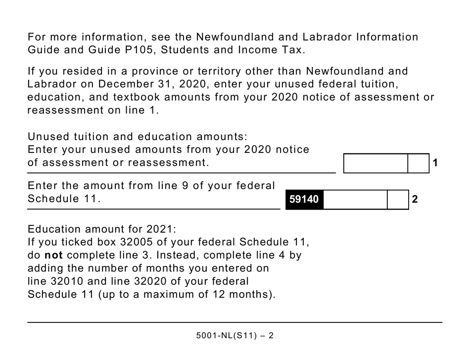 Form 5001-S11 Schedule NL(S11) Newfoundland and Labrador Tuition and Education Amounts (Large Prints) - Canada, Page 2