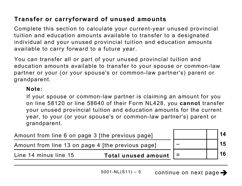 Form 5001-S11 Schedule NL(S11) Newfoundland and Labrador Tuition and Education Amounts (Large Prints) - Canada, Page 5