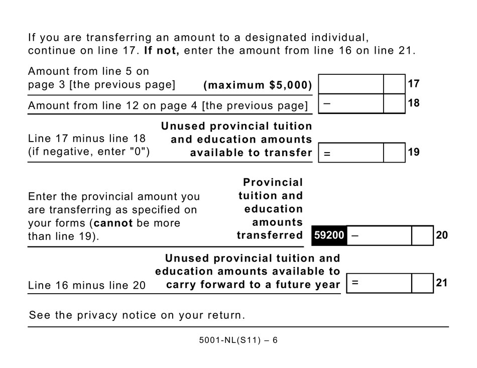 Form 5001-S11 Schedule NL(S11) Newfoundland and Labrador Tuition and Education Amounts (Large Prints) - Canada, Page 6