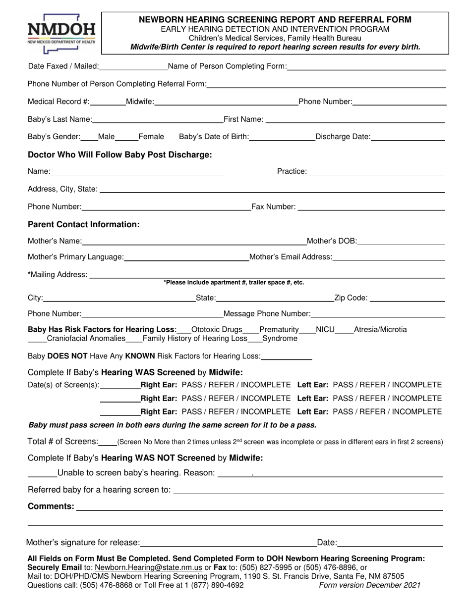Newborn Hearing Screening Report and Referral Form - New Mexico, Page 1