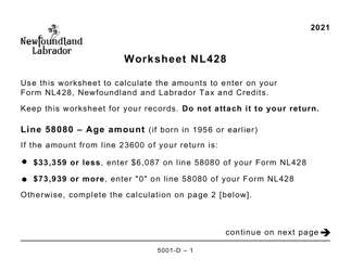 Document preview: Form 5001-D Worksheet NL428 Newfoundland and Labrador (Large Print) - Canada, 2021