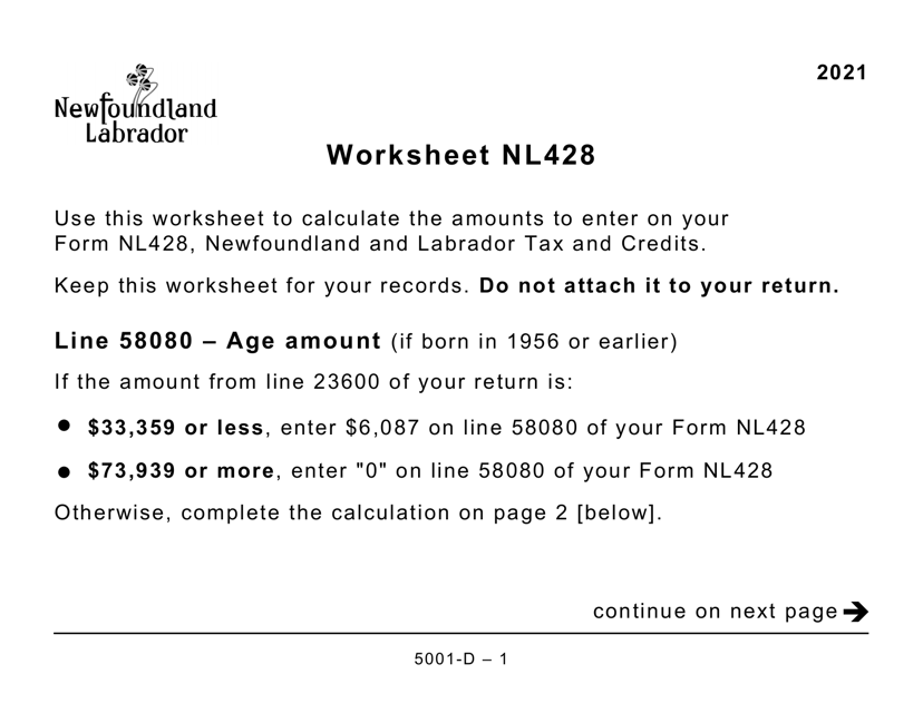 Form 5001-D Worksheet NL428 Newfoundland and Labrador (Large Print) - Canada, 2021