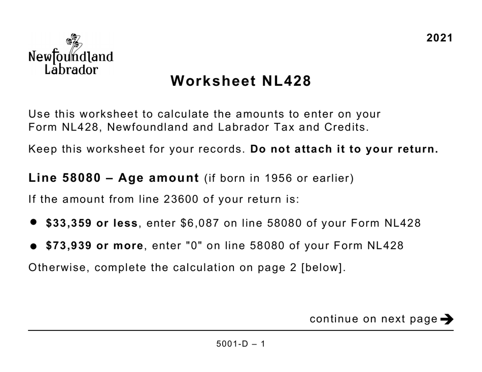 Form 5001-D Worksheet NL428 Newfoundland and Labrador (Large Print) - Canada, Page 1