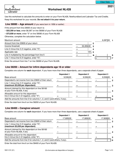 Form 5001-D Worksheet NL428 2021 Printable Pdf