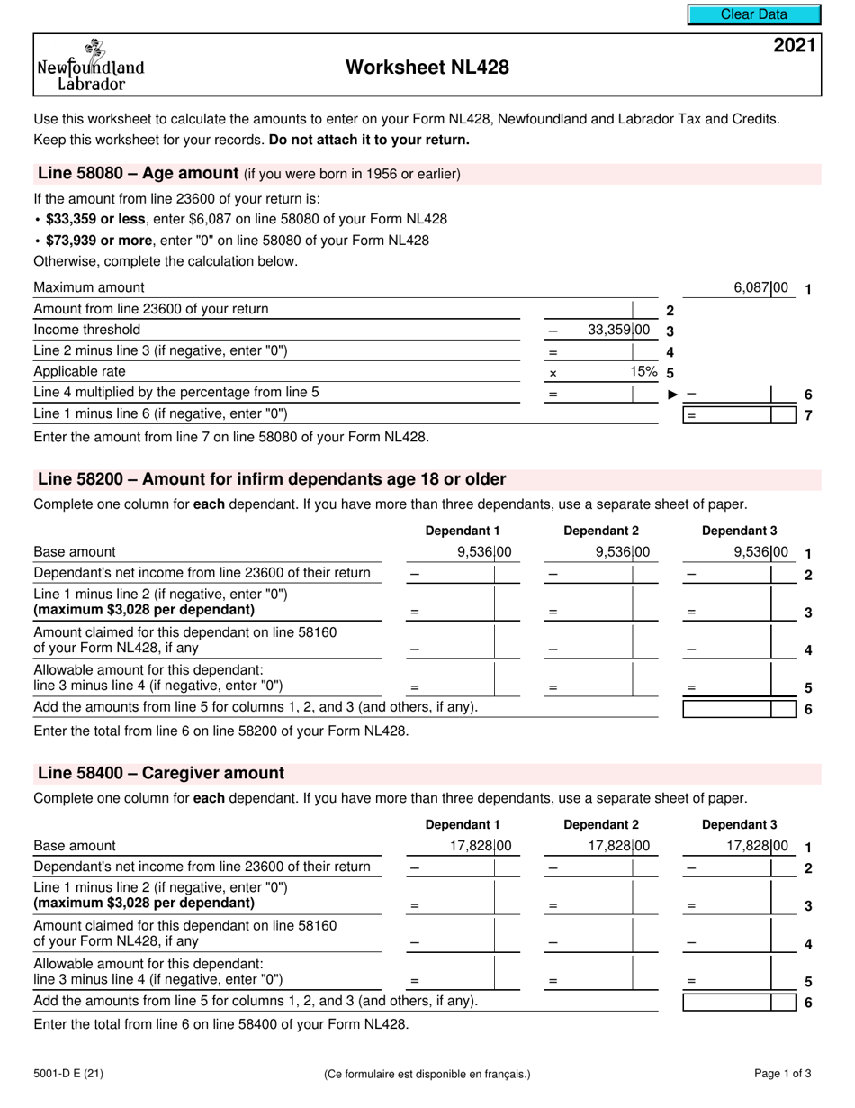 Form 5001-D Worksheet NL428 Newfoundland and Labrador - Canada, Page 1