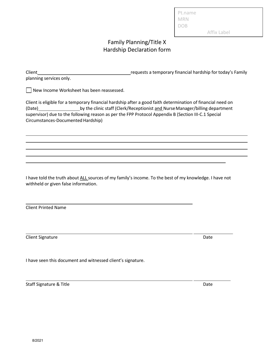 Family Planning / Title X Hardship Declaration Form - New Mexico (English / Spanish), Page 1