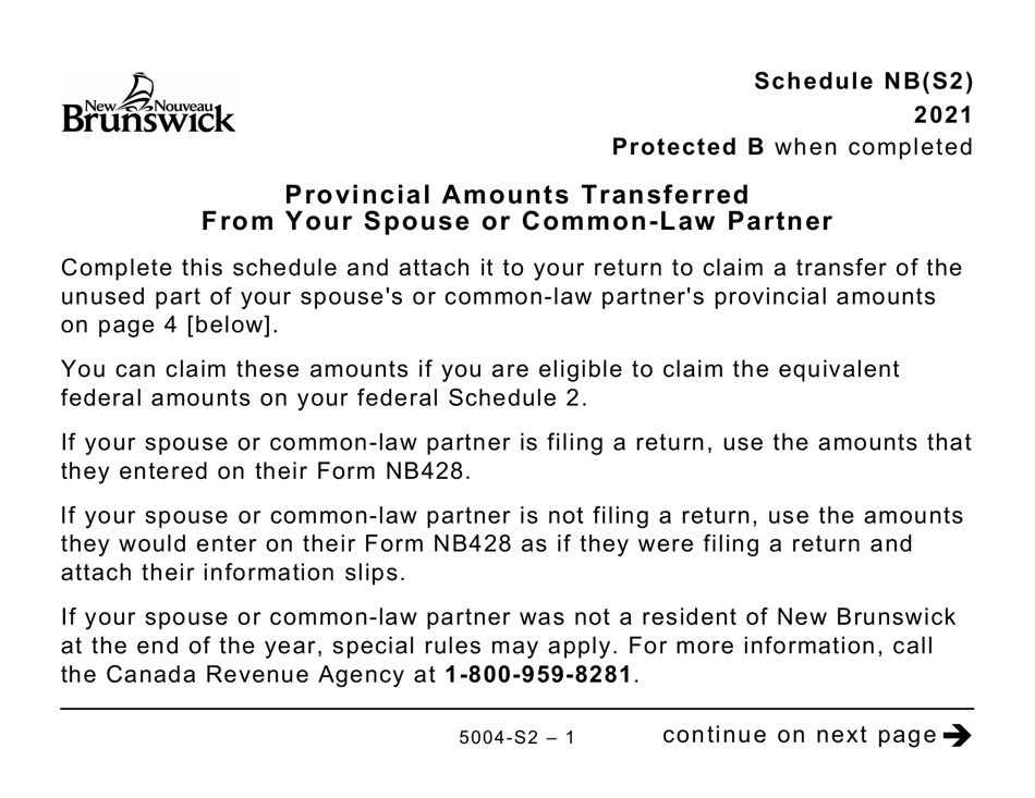 Form 5004-S2 Schedule NB(S2) Provincial Amounts Transferred From Your Spouse or Common-Law Partner - New Brunswick (Large Print) - Canada, Page 1