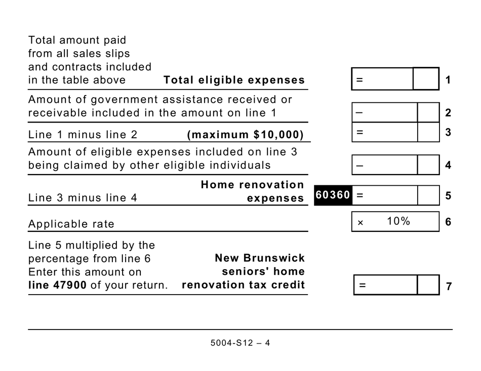 Form 5004-S12 Schedule NB(S12) New Brunswick Seniors Home Renovation Tax Credit (Large Print) - Canada, Page 4