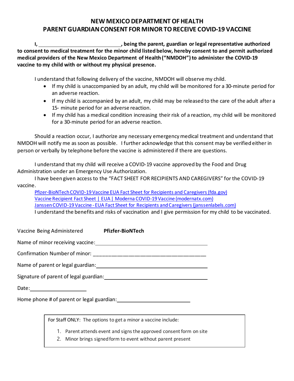 Parent Guardian Consent for Minor to Receive Covid-19 Vaccine - New Mexico, Page 1