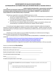Document preview: Autorizacion De Los Padres Para Que Un Menor Reciba La Vacuna Covid-19 - New Mexico (Spanish)
