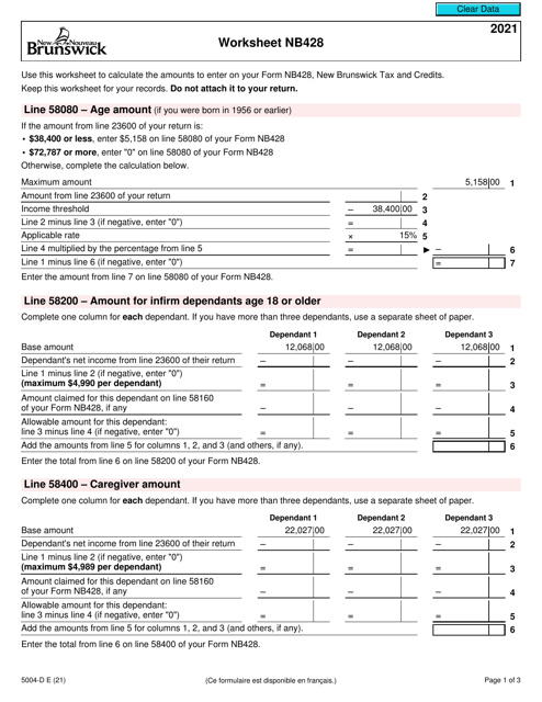 Form 5004-D Worksheet NB428 2021 Printable Pdf
