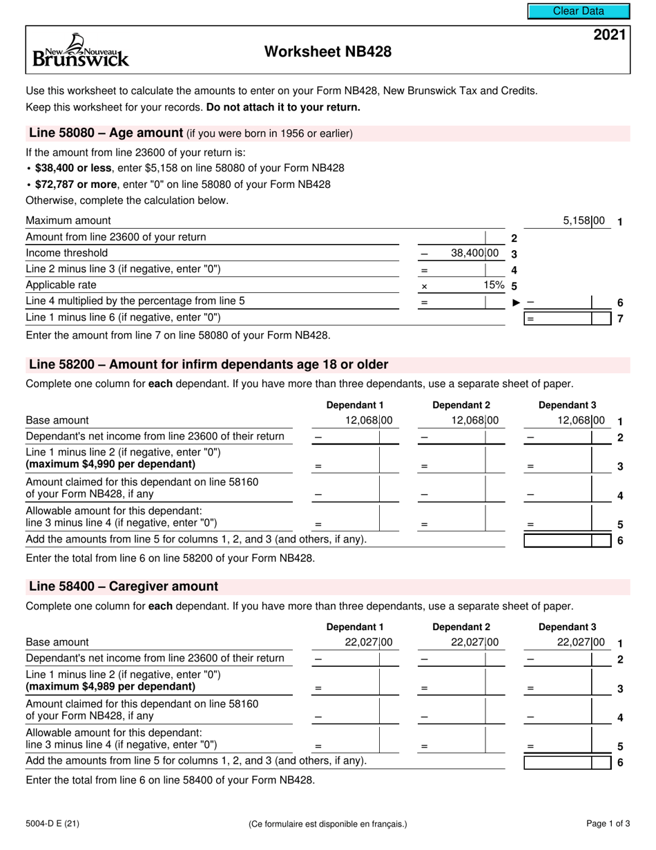 Form 5004-D Worksheet NB428 New Brunswick - Canada, Page 1