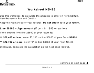 Document preview: Form 5004-D Worksheet NB428 New Brunswick (Large Print) - Canada, 2021