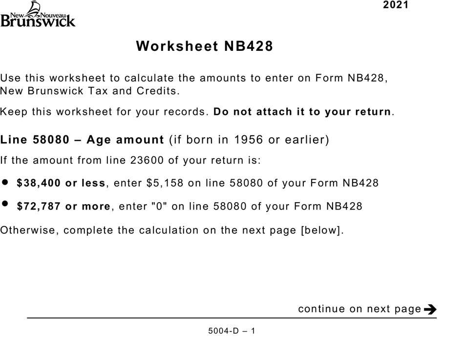 Form 5004-D Worksheet NB428 New Brunswick (Large Print) - Canada, Page 1
