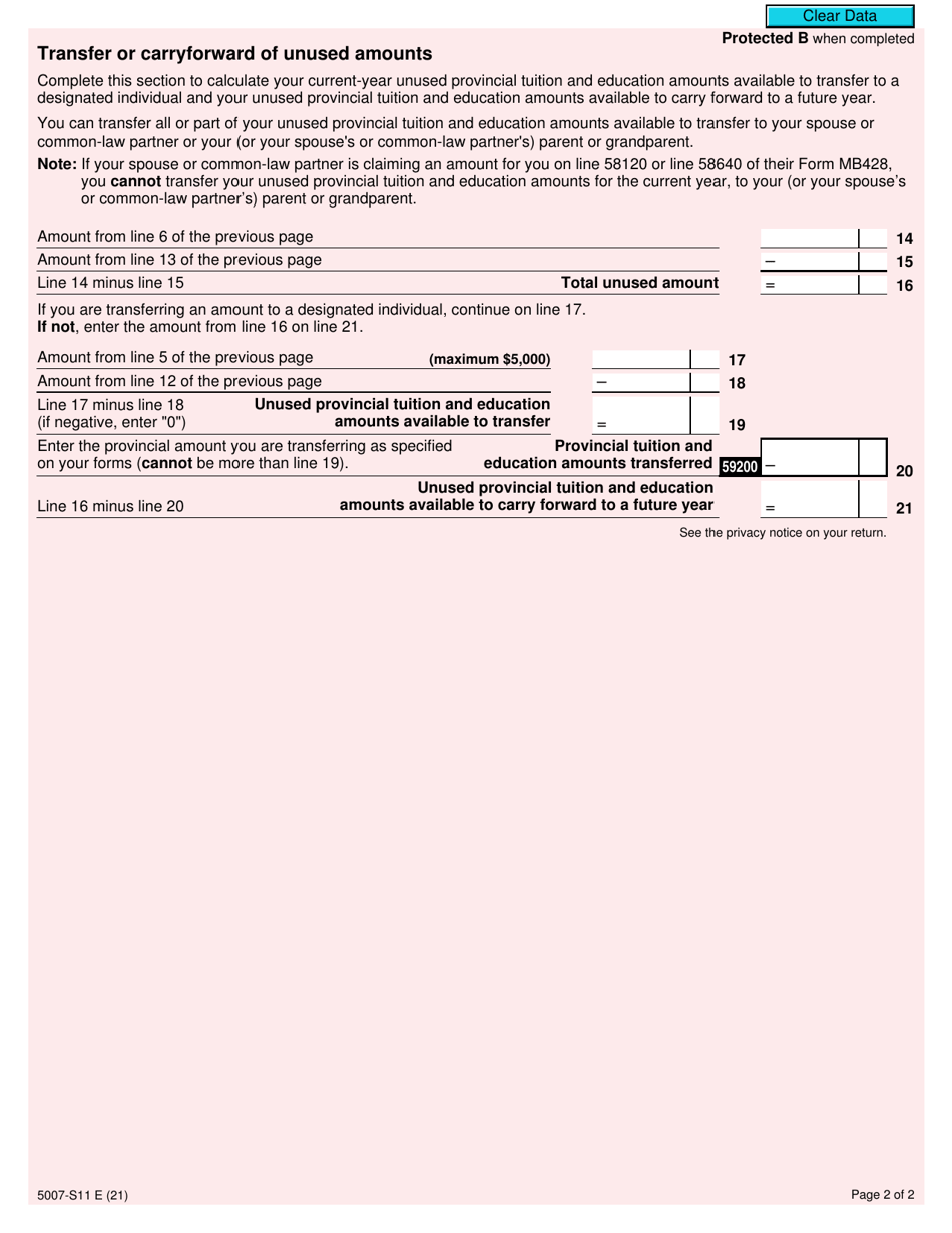 Form 5007-S11 Schedule MB(S11) Manitoba Tuition and Education Amounts - Canada, Page 2