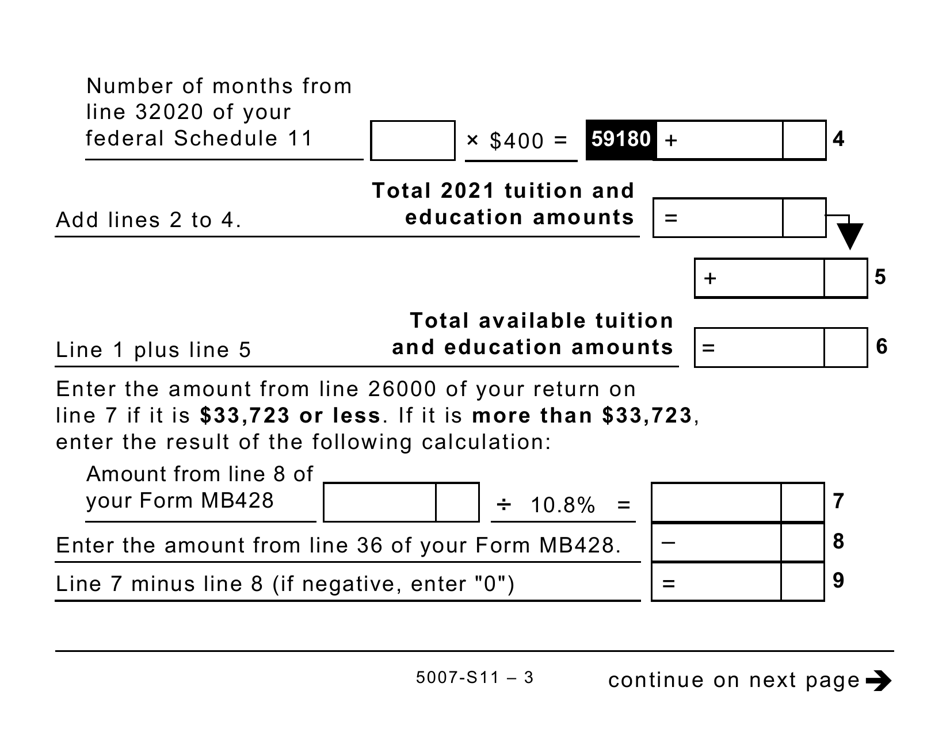 Form 5007-S11 Schedule MB(S11) Manitoba Tuition and Education Amounts (Large Print) - Canada, Page 3