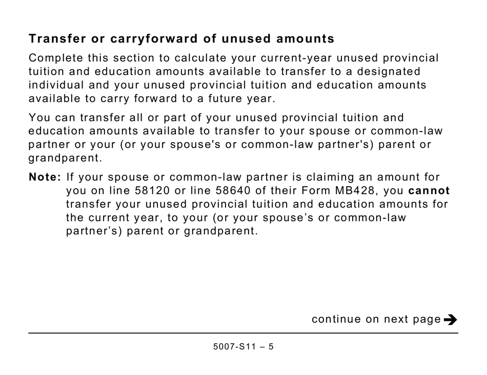 Form 5007-S11 Schedule MB(S11) Manitoba Tuition and Education Amounts (Large Print) - Canada, Page 5