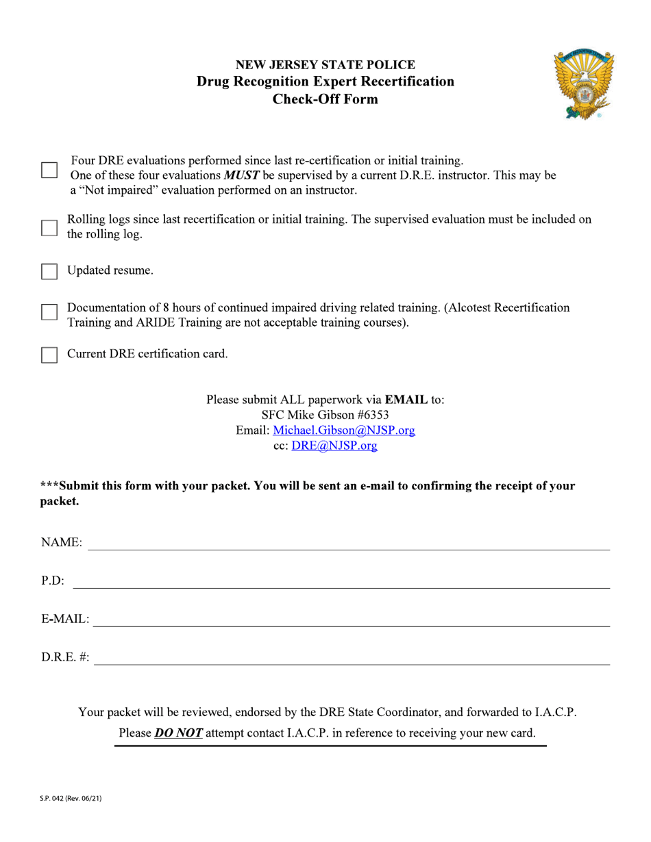 Form S.P.042 Drug Recognition Expert Recertification Check-Off Form - New Jersey, Page 1
