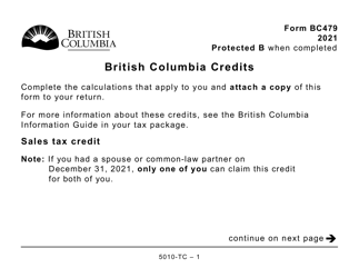 Document preview: Form 5010-TC (BC479) British Columbia Credits (Large Print) - Canada, 2021