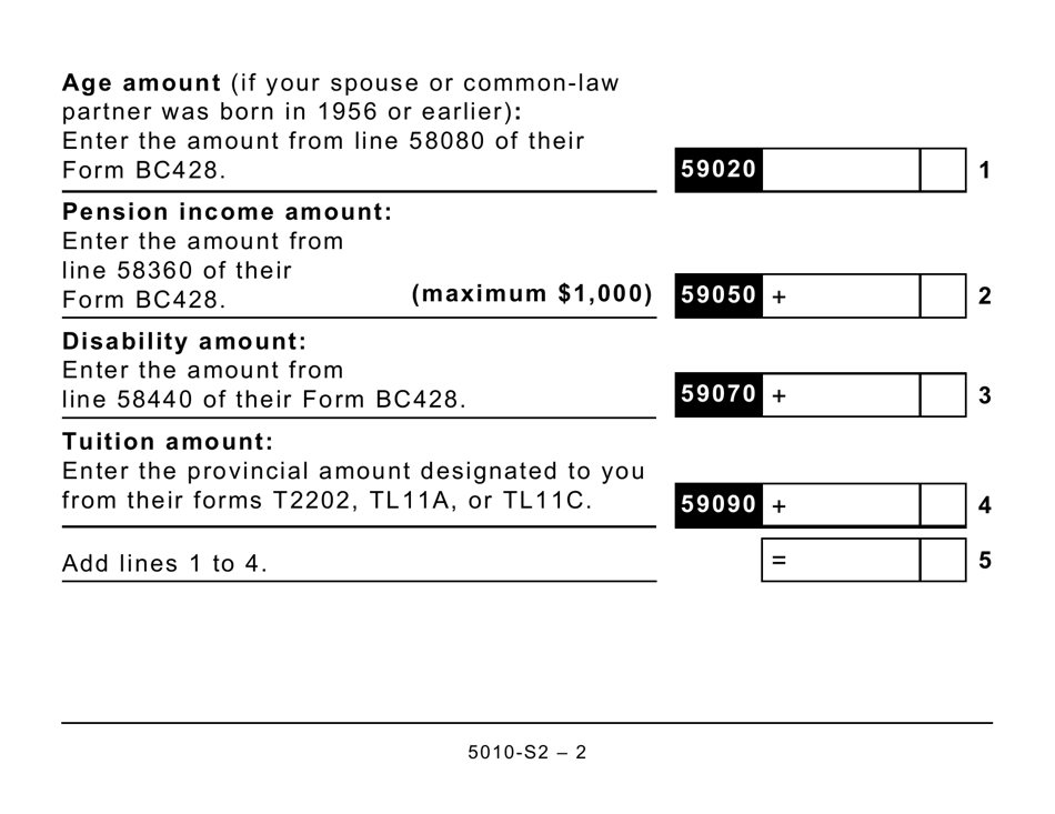 Form 5010-S2 Schedule BC(S2) Provincial Amounts Transferred From Your Spouse or Common-Law Partner - British Columbia (Large Print) - Canada, Page 2