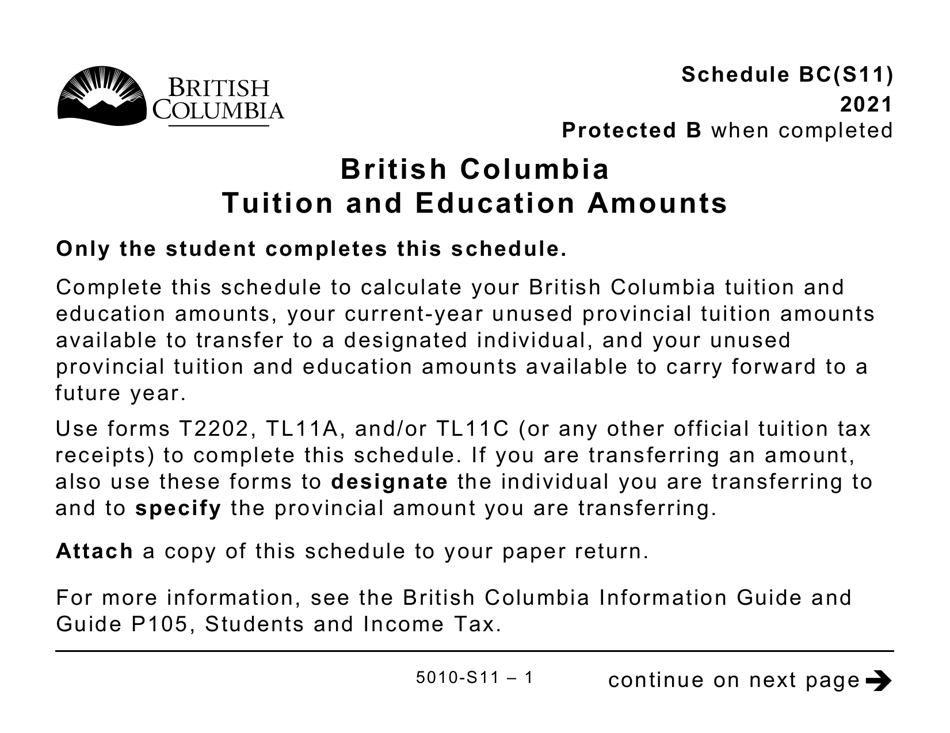 Form 5010-S11 Schedule BC(S11) British Columbia Tuition and Education Amounts (Large Print) - Canada, Page 1