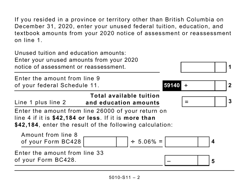 Form 5010-S11 Schedule BC(S11) British Columbia Tuition and Education Amounts (Large Print) - Canada, Page 2