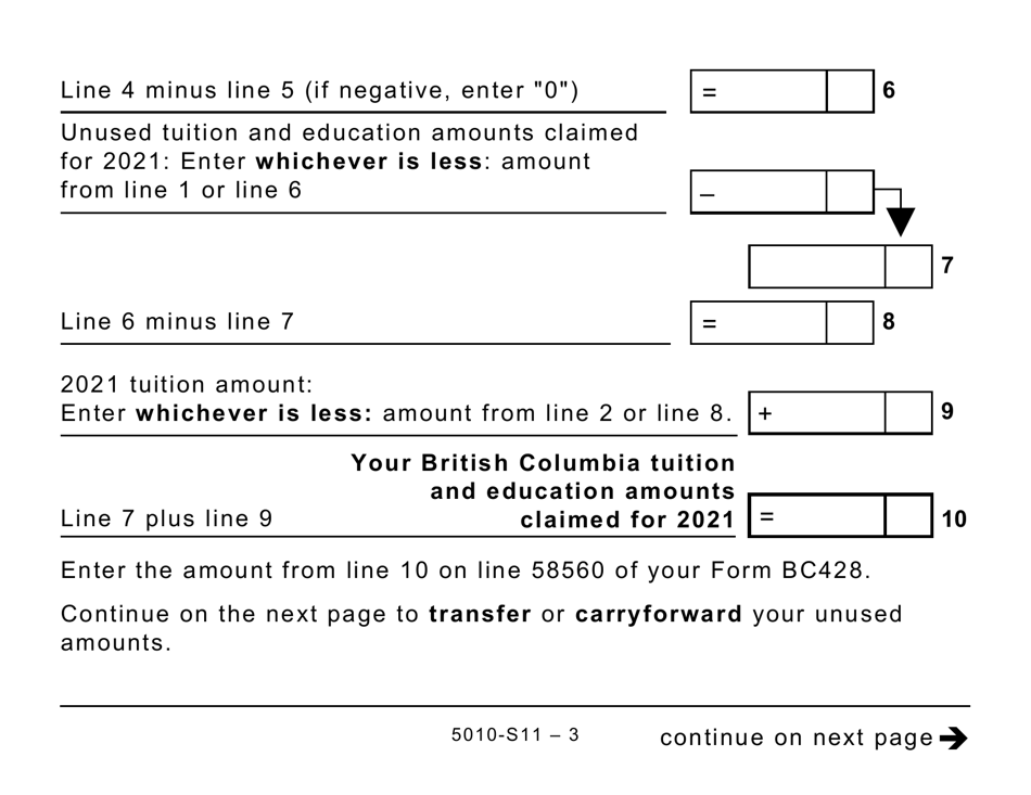 Form 5010-S11 Schedule BC(S11) British Columbia Tuition and Education Amounts (Large Print) - Canada, Page 3