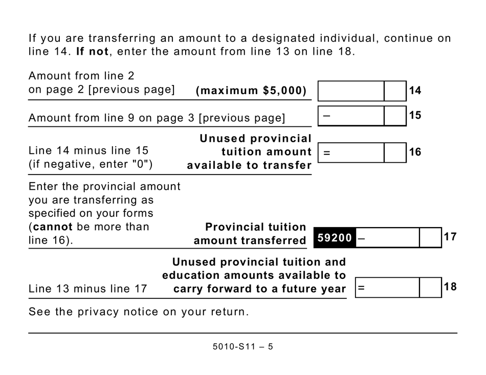 Form 5010-S11 Schedule BC(S11) British Columbia Tuition and Education Amounts (Large Print) - Canada, Page 5