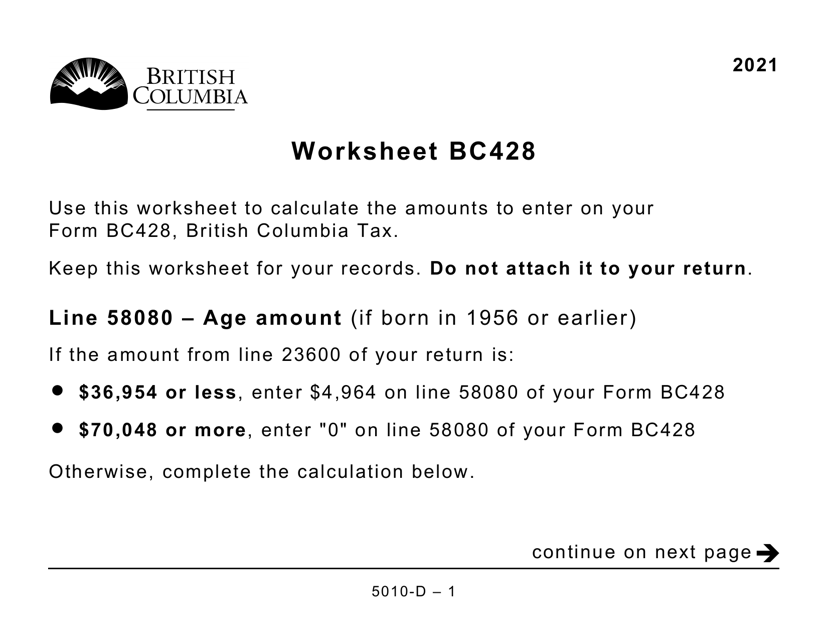 Form 5010-D Worksheet BC428 2021 Printable Pdf