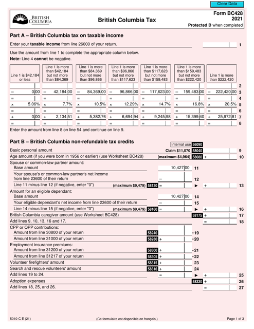 Form 5010-C (BC428) British Columbia Tax - Canada, 2021