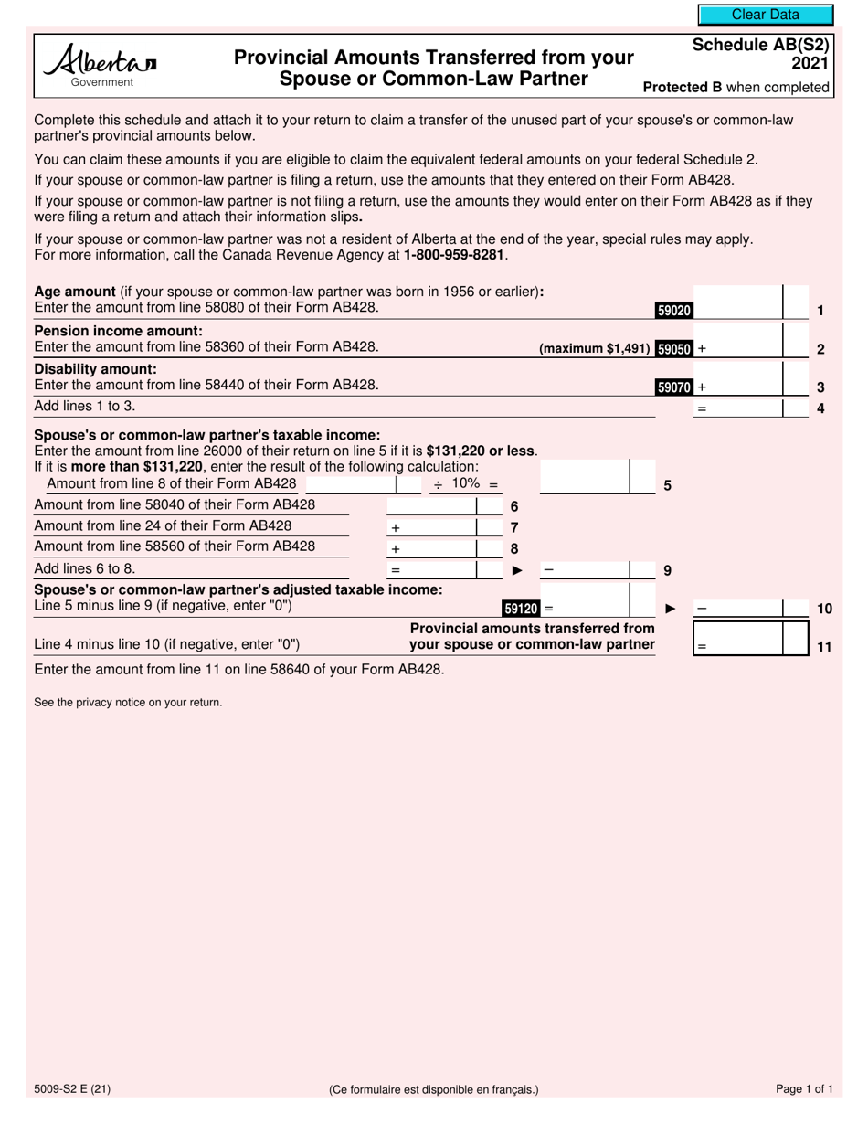 Form 5009-S2 Schedule AB(S2) Provincial Amounts Transferred From Your Spouse or Common-Law Partner - Alberta - Canada, Page 1